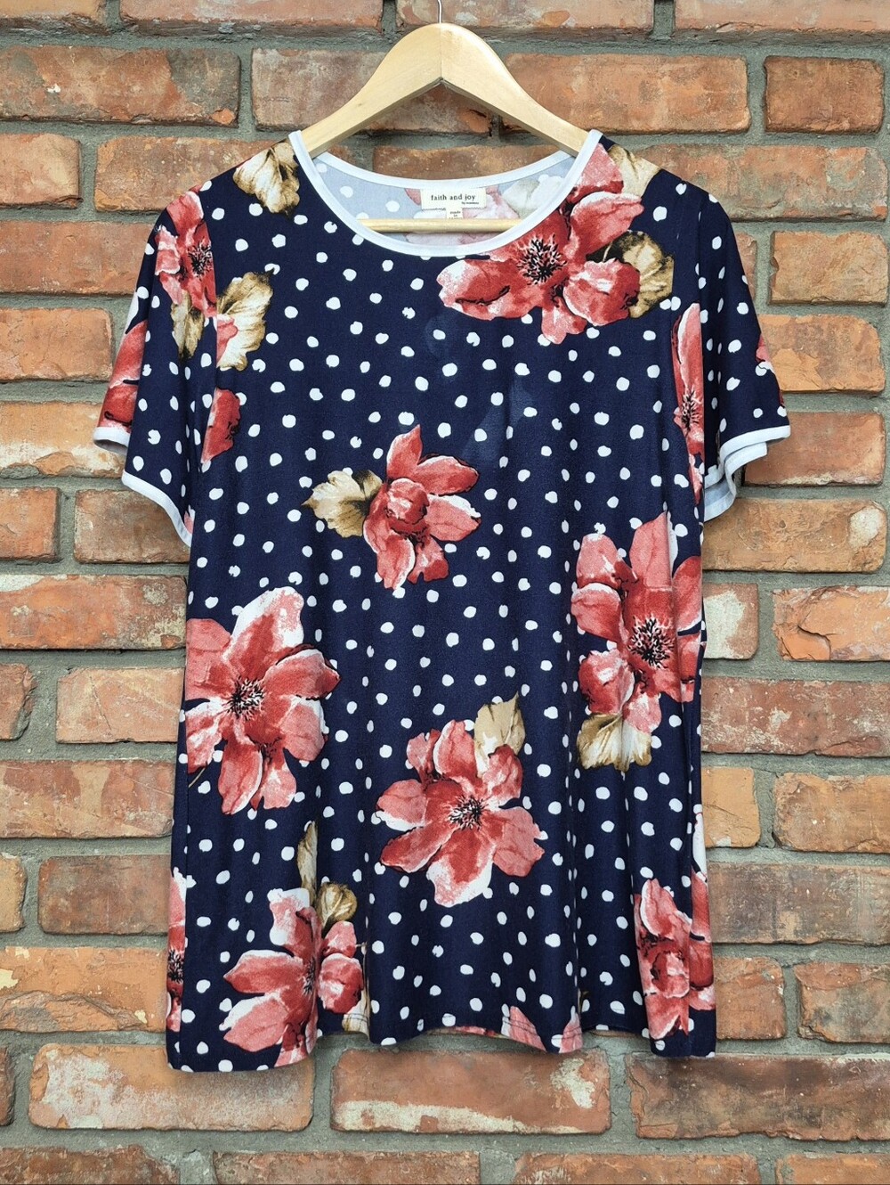 Faith and Joy by Monteau Floral Polka Dot Top Flutter Bell Sleeve Stretch Blouse